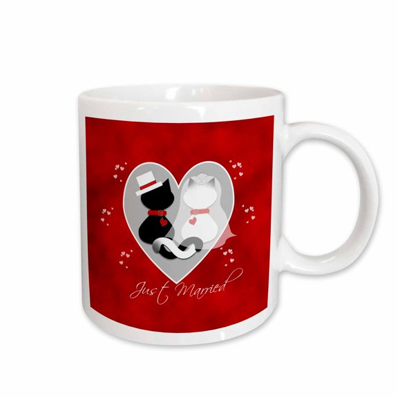 3drose, Red Marbled Just Married Black and Siamese Kitty Cats Wedding Couple, 11oz Mug