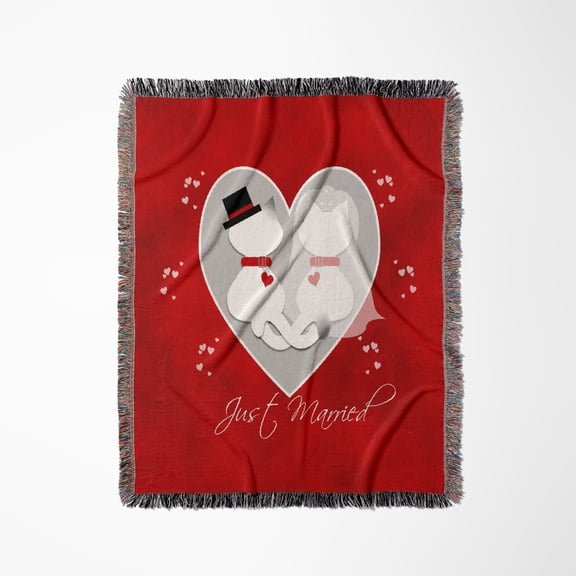 Red Marbled Just Married Siamese And White Kitty Cats Wedding Couple, Woven Blanket