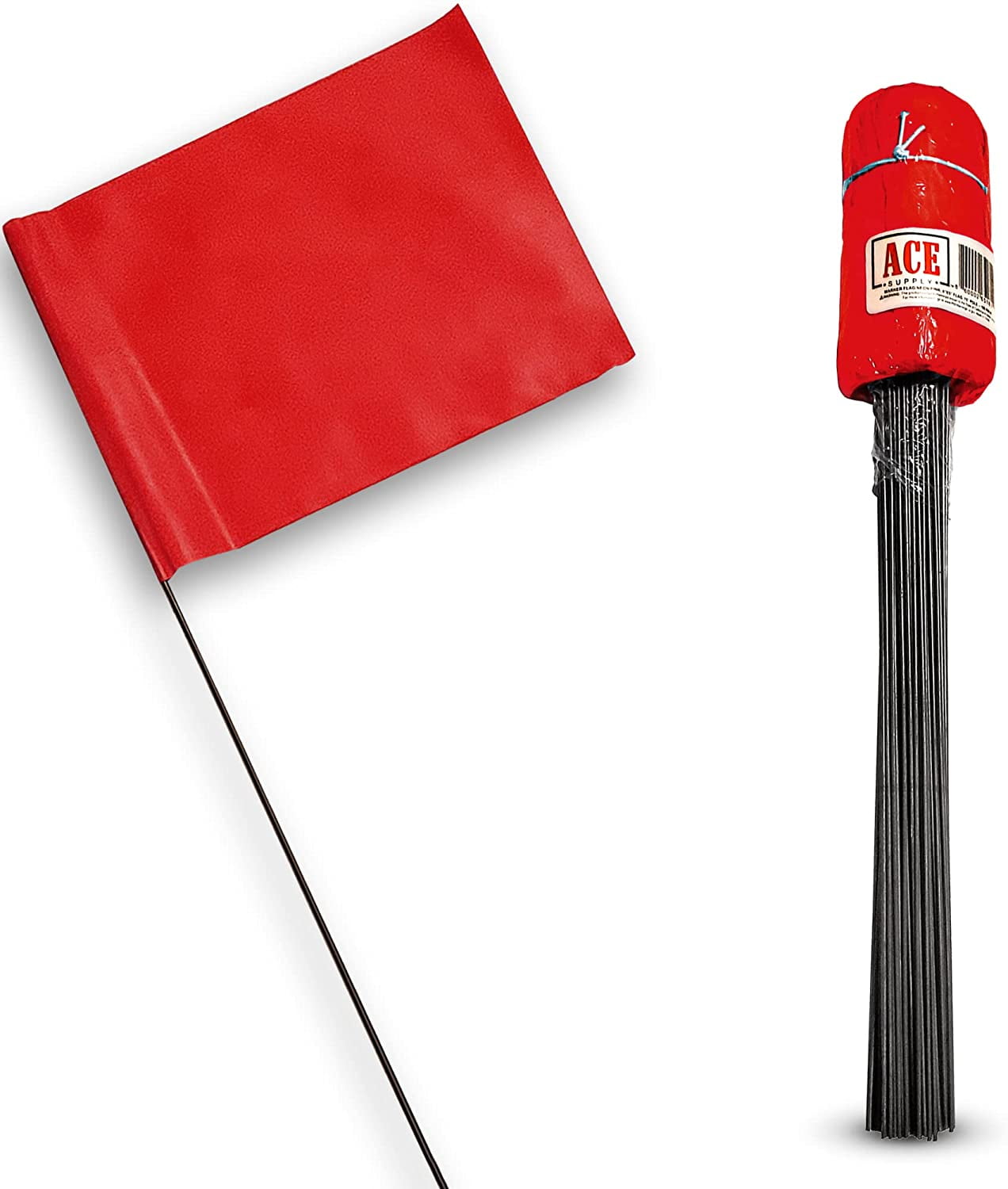 Red Marking Flags 100 Pack ACE Supply 4x5Inch Flag on 15Inch Steel Wire