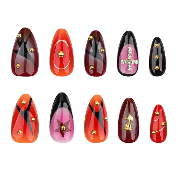 Red Maroon Black Pink Abstract Geometric Star Cross Press on Nails, Medium Almond Glossy False Nails with Metal Bead and Rhinestone Accents, 20 Count