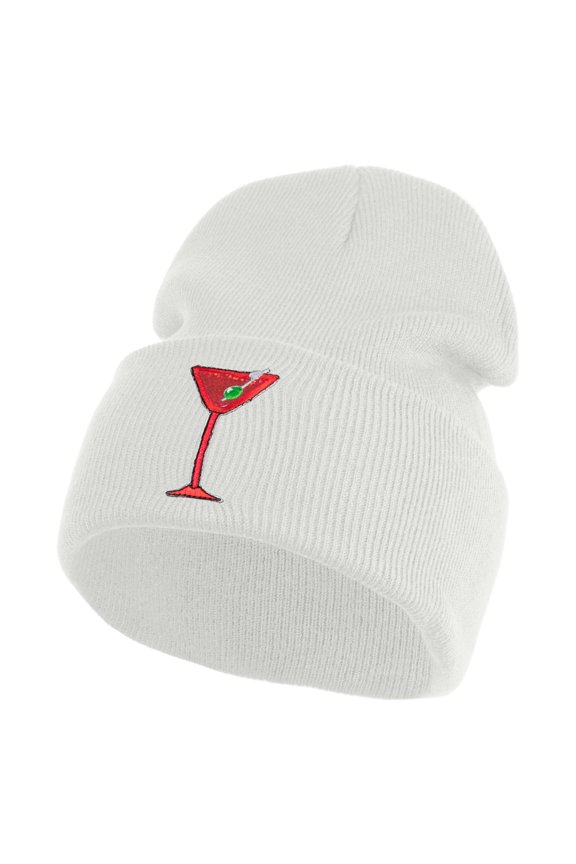 Red Martini and Olive Beverage Iron On Patched 12 Inch Long Knitted Beanie - White OSFM