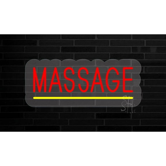 Red Massage Contoured Clear Backing LED Neon Sign 10 x 24 - inches, Black Square Cut Acrylic Backing, with Dimmer - Bright and Premium built indoor LED Neon Sign for Spa interior decor and storefront.