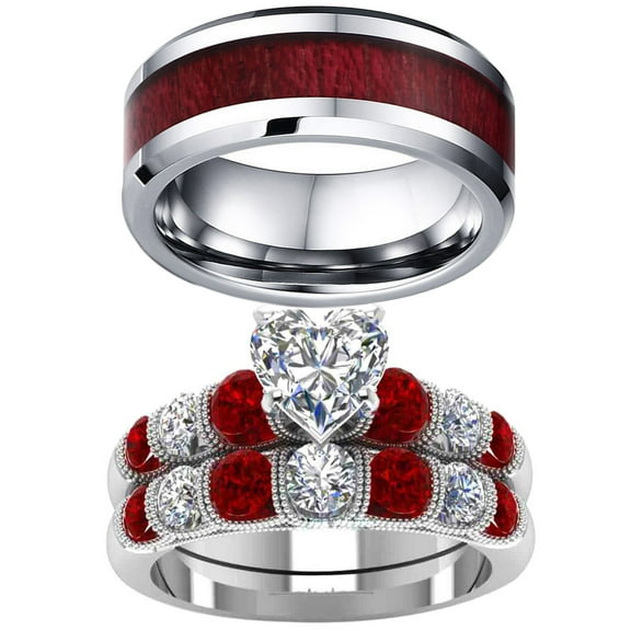 Red Matching Ring Couple Rings White Gold Plated 1CT CZ Women Wedding Ring Sets Female Ring