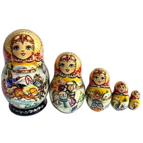 Red - Matryoshka - Troika - 5 Nesting Dolls - High Quality - Delicately Painted Winter Village Scenes 4 1/4 Inch tall