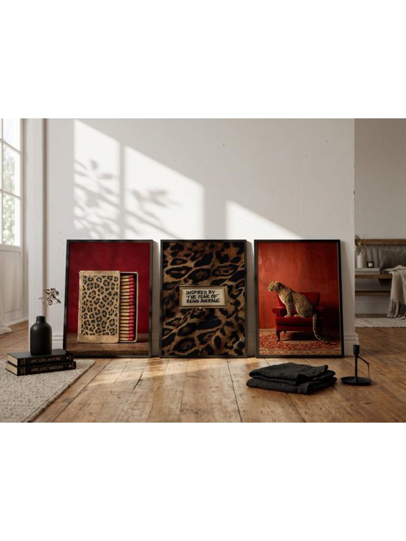 Red Maximalist Leopard Wall Art Prints, Set Of 3 Retro Luxury Gallery Decor