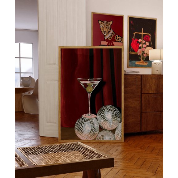 Red Maximalist Martini Disco Ball Print, Retro Disco Ball Painting, Yappy Hour Poster, Trendy Bar Cart Wall Art, Vintage Cocktail Art, Poster Only