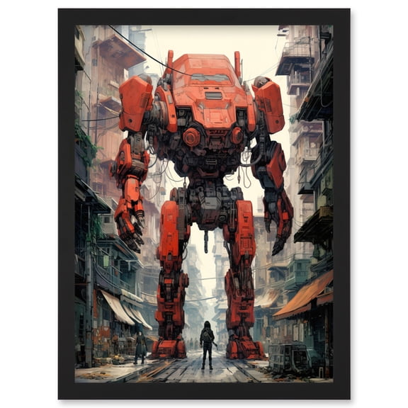 Red Mecha Robot in City Street Anime Sci-Fi Artwork Giant Humanoid Machine Fantasy Science Fiction Artwork Framed Wall Art Print A4