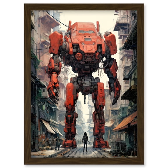 Red Mecha Robot in City Street Anime Sci-Fi Artwork Giant Humanoid Machine Fantasy Science Fiction Artwork Framed Wall Art Print A4