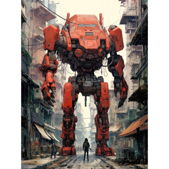 Red Mecha Robot in City Street Anime Sci-Fi Artwork Giant Humanoid Machine Fantasy Science Fiction Extra Large XL Wall Art Poster Print