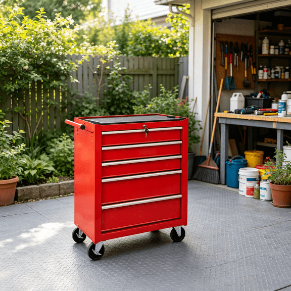 Red Mechanic Tool Cart with 5 Drawers, 24.4" Rolling Workstation Cabinet on Wheels, Metal Garage Storage Organizer for Auto Repair, Workshop Equipment and Hand Tools