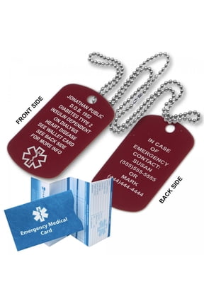 Red Medical Alert ID Dog Tag Anodized Aluminum w. 27" Chain. Incl. 18 Lines of Engraving and Emergency Medical ID Card. Complimentary Access PHR (Personal Health Record)