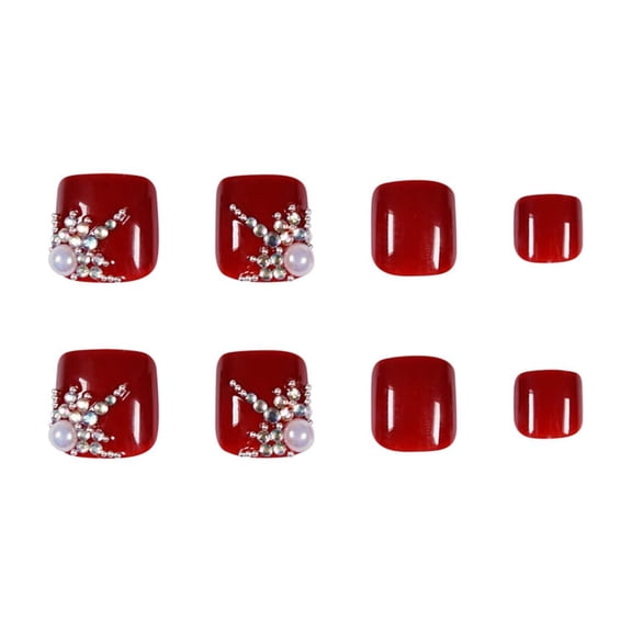 Red Medium Long Square Press on Toenails, Rhinestone Glossy Fake Toenails, 24 Count