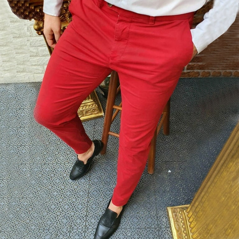 Red Mens Casual Stretch Pants Polyester Summer Pants for Men Elastic Waist Mens Trousers Tight L Mens Work Pants Solid Wide Leg Pants Weekend Solid Color Leisure Trousers for Men Walmart
