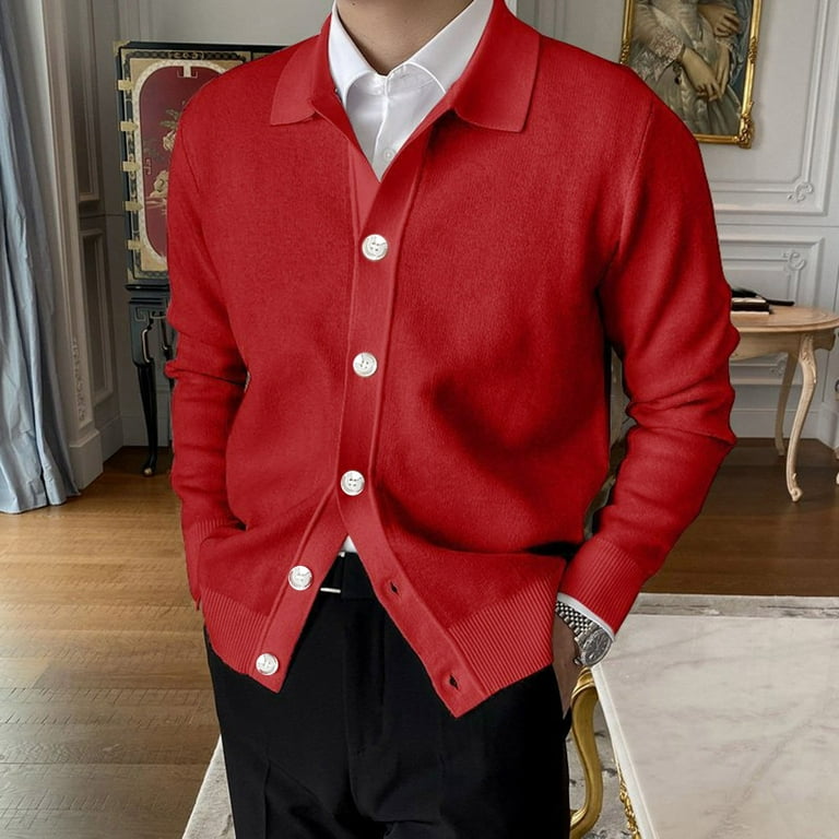 Red Mens Fashion Casual Knit Yarn Lapel Button Long Sleeve Sweater