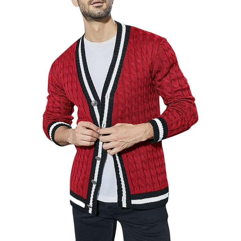 Red Mens Fashion Color Matching Cardigan Sweater Cardigan Mens