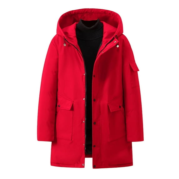 Red Mens Thick Warm with Hood Plain Long Down Jackets Hood Coats for Mens Padded Fall Winter Down Jackets Zip Up 2025 Soft Comfy Clothing Fashion Regular Fit 4XL