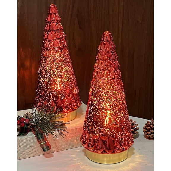 Red Mercury Glass Christmas Tree Set of 2, Small Tabletop Christmas Tree with Light, Operated Xmas Tree for Fireplace Bathroom Decor 10"
