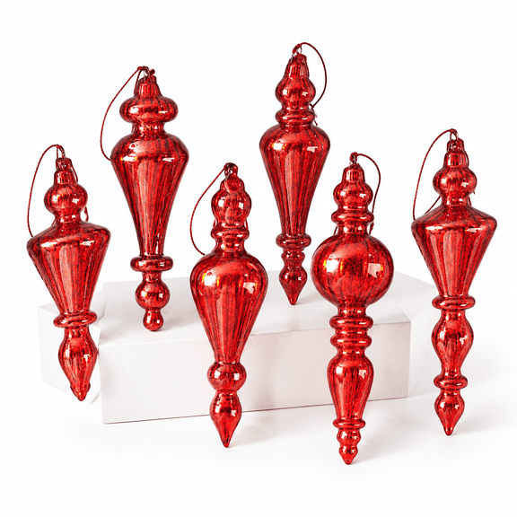 Red Mercury Glass Finial Ornaments, 6-Piece Set for Holiday Decor