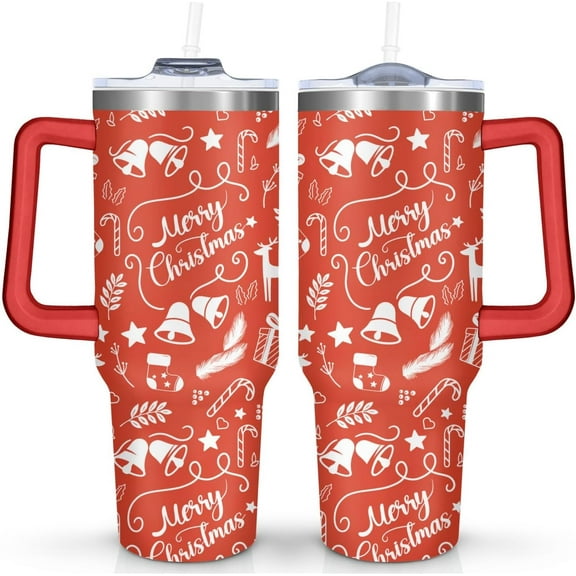 Red Merry Christmas 40oz Tumbler Cup with Handle and Straw, Rudtic Xmas Gifts for Women Men, Winter Holiday Stainless Steel Water Bottle 1PC