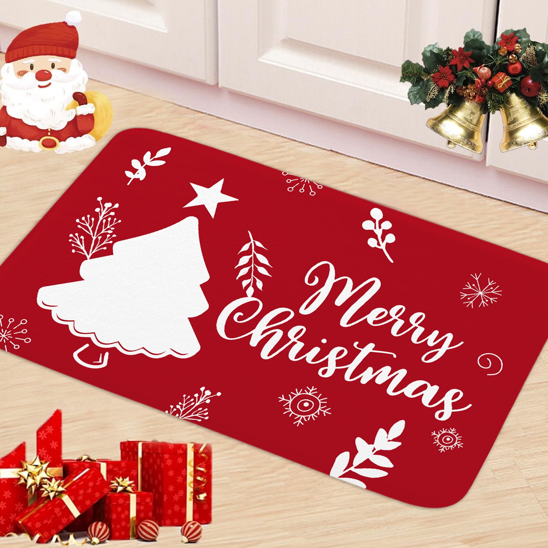 Red Merry Christmas Bath Mat Rugs, Xmas Tree Winter Non-Slip Bath Mat Home Decor, New Year Holiday Christmas Theme Bathroom Rugs for Home Kitchen Bedroom Decor 17X48IN