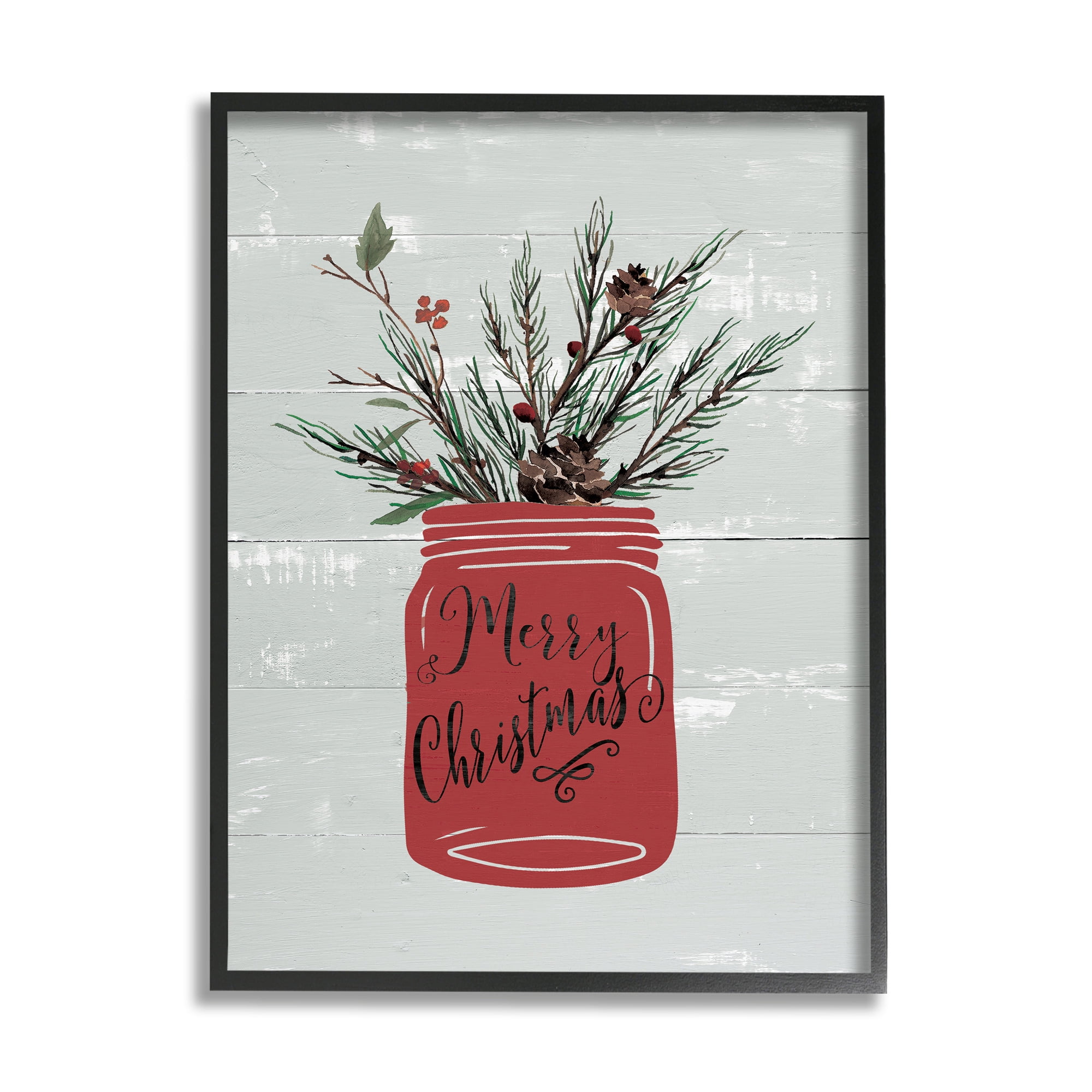 Red Merry Christmas Country Jar Winter Holly Pine Botanical & Floral Graphic Art Framed Art Print Wall Art