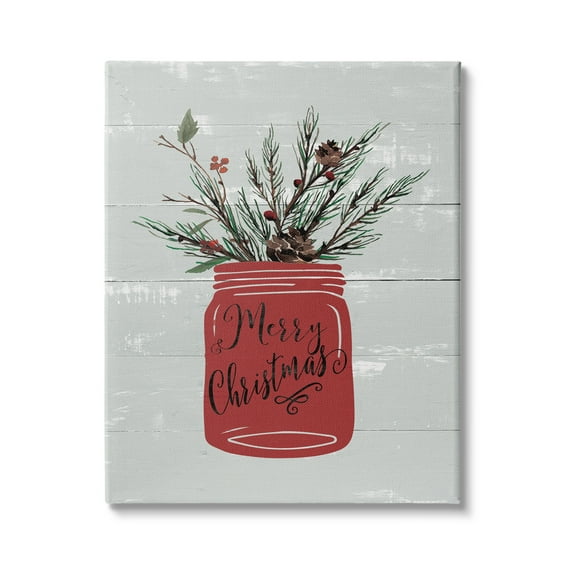Red Merry Christmas Country Jar Winter Holly Pine Botanical & Floral Graphic Art Gallery-Wrapped Canvas Print Wall Art