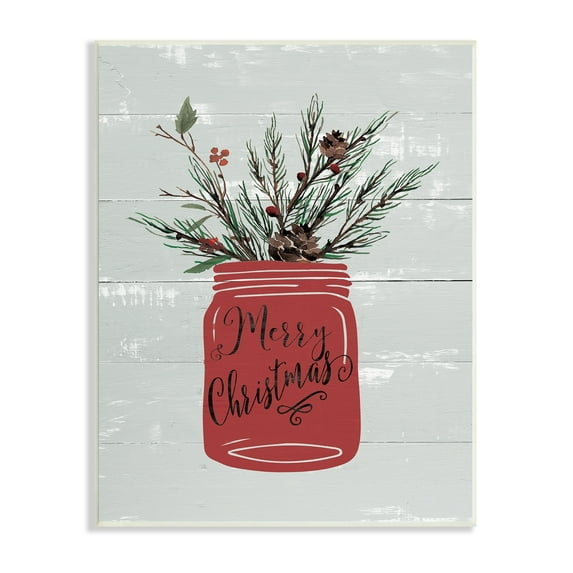 Red Merry Christmas Country Jar Winter Holly Pine Botanical & Floral Graphic Art Unframed Art Print Wall Art