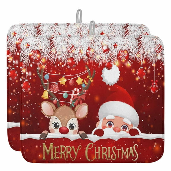 Red Merry Christmas Dish Drying Mat, Peeking Santa Claus Deer Xmas Balls Absorbent Dish Drying Matt Pad for Kitchen Countertops,Sinks,Dish Drainer Racks, Small 16x18inx2 Pcs,