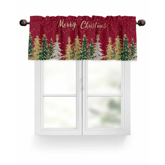 Red Merry Christmas Kitchen Valances for Windows Gold Green Xmas Trees Snowflake Valance Curtains&nbsp; for Kitchen /Living Room/Bedroom/ Bathroom Decor, 42"x12 " ,Rod Pocket 1 Panel,