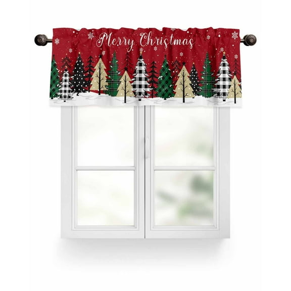 Red Merry Christmas Kitchen Valances for Windows Winter Farmhouse Xmas Trees Snowflakes Valance Curtains&nbsp; for Kitchen /Living Room/Bedroom/ Bathroom Decor, 54"x18 " ,Rod Pocket 1 Panel,