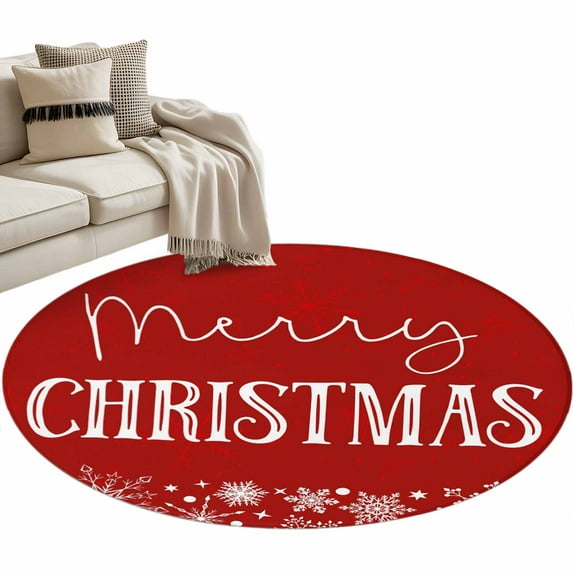 Red Merry Christmas Round Area Rug 4 FT, Non Slip Indoor Outdoor Rug, Xmas Winter Snowflake Red White Washable Soft Circular Carpet Non-Shedding Floor Mat for Coffee Table Nursery Foyer Balcony