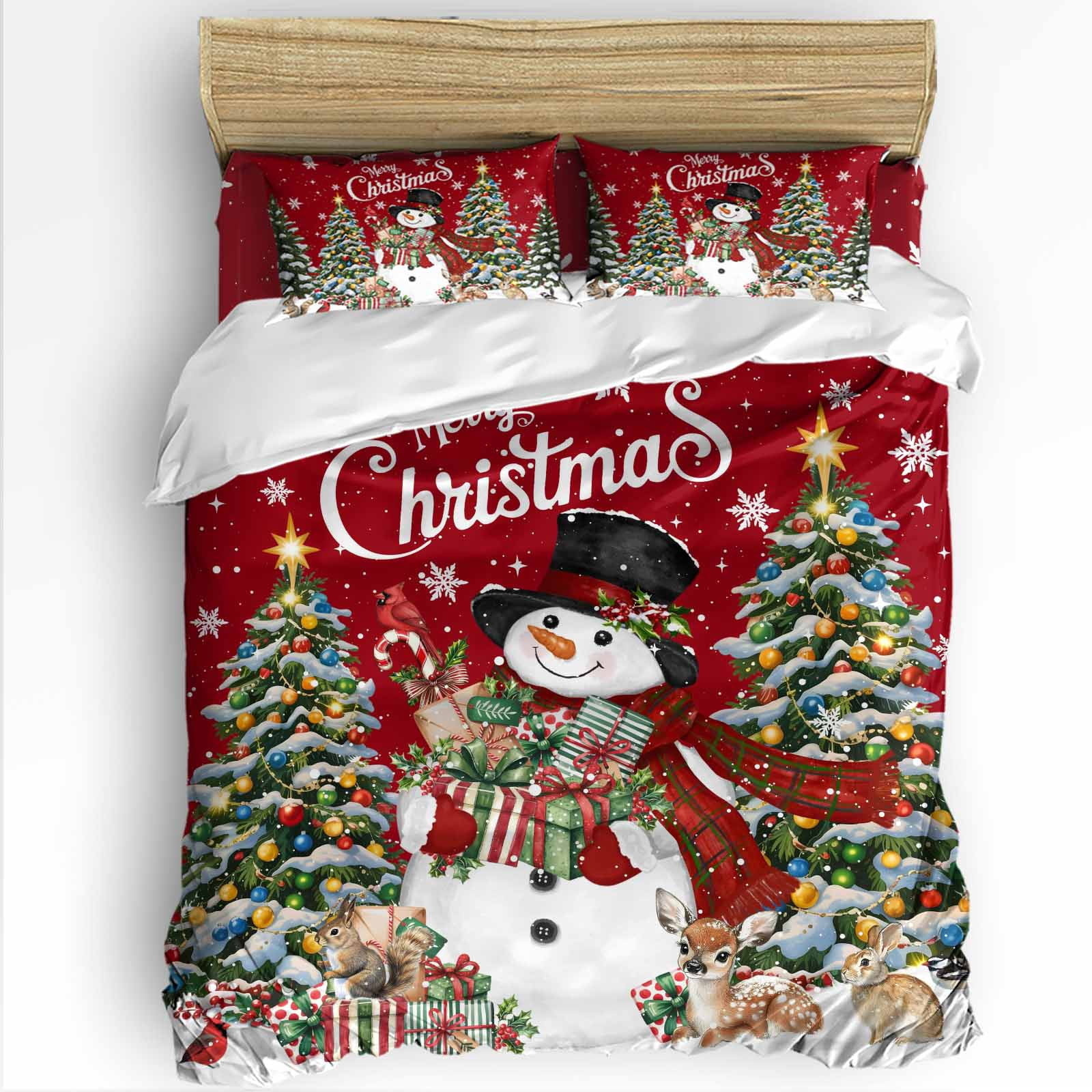 Red Merry Christmas Snowman King Size Comforter Set, Xmas Tree ...