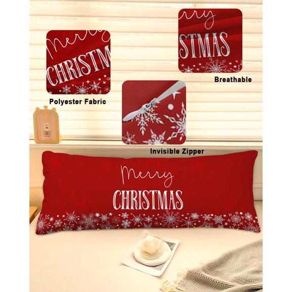 Red Merry Christmas Throw Pillow Covers, Xmas Winter Snowflake Red White Soft Breathable Pillow Cases with Invisible Zipper for Sleeping, Long Body Pillowcases for Couch Bed Sofa Chair 20x60 Inches