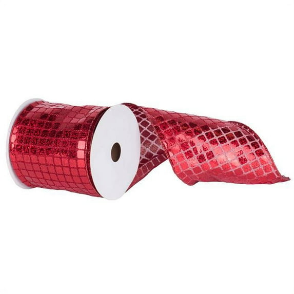 Red Mesh Metallic Check Ribbon, 6 in. x 10 yard