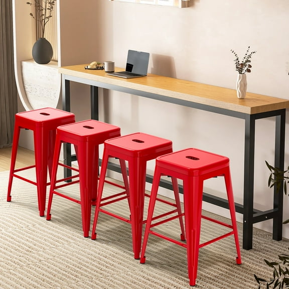 Red Metal Barstools, 24" High Bar Stools Backless, Indoor-Outdoor Counter Height Stools with Square Seat, Set of 4
