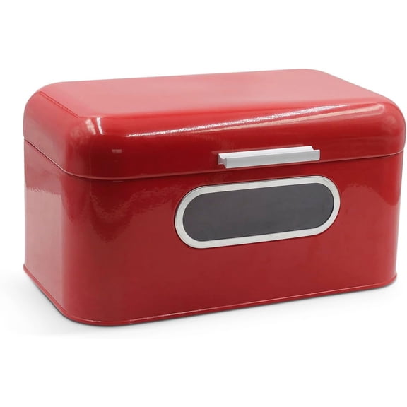 Red Metal Bread Box with Lid and Transparent Window, 11.8"