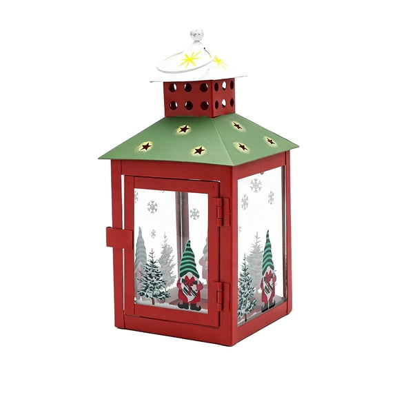 Red Metal Christmas Gnome With Printed Glass Window Vintage Hanging Candle For Holiday Tabletop Home Decor Candle Holder