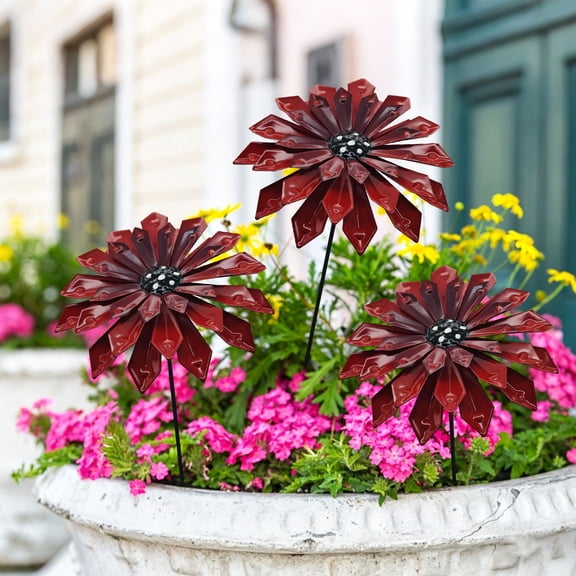 Red Metal Flower Garden Stake, Weather-Resistant Metal Art Sculpture for Courtyard Lawn Patio Entryway, Rust-Proof Outdoor Ornament, Mother’s Day Birthday Gift for Mom