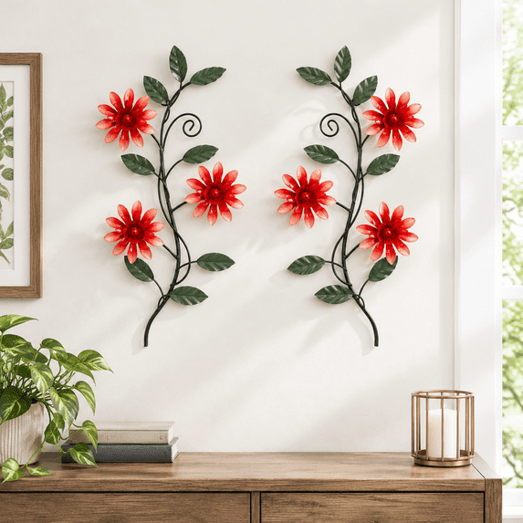 Red Metal Flower Leaf Wall Art Set, 15.98 x 5.91 x 1.30 Inches, 2 ...