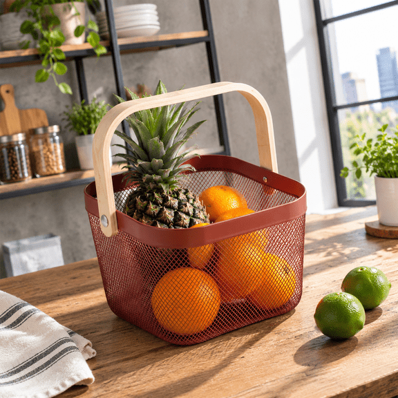 Red Metal Steel Multi-Functional Storage Basket With Wooden Handle For Kitchen Home Organization