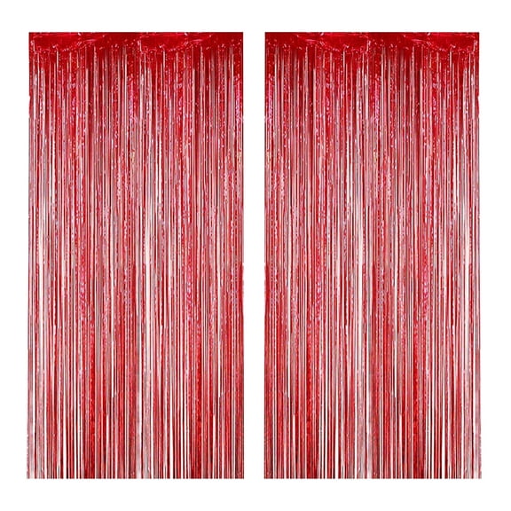 Red Metallic Foil Fringe Backdrops - 2Pcs Red Tinsel Curtain Decorations For New Year, Christmas, Holiday Parties, Birthdays, Weddings, Photo Booth Props, Stage Backgrounds,