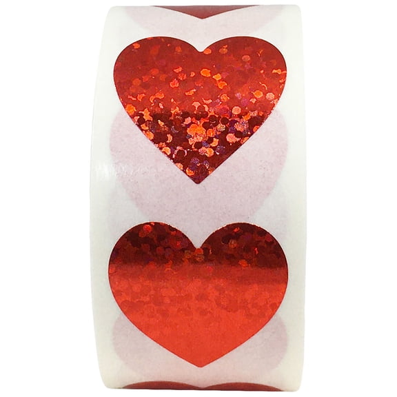 Red Metallic Sparkle Heart Shaped Stickers | 1" inch - 500 Pack | InStockLabels.com