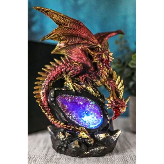 Red Meteor Volcano Hydra Dragon On Faux Quartz Geode Rock Cavern LED FIgurine