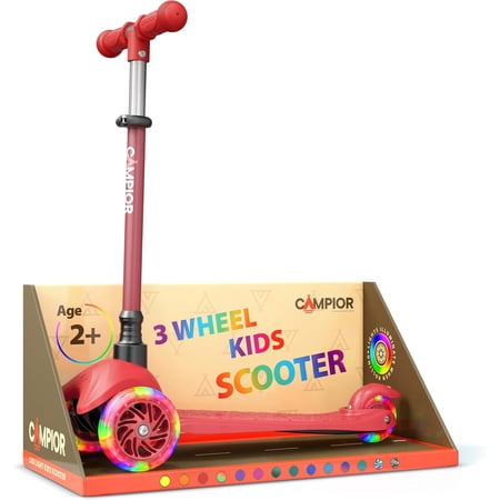 Red Mini 3 Wheel Scooter for Kids – Lean-to-Steer Kick Scooter with LED Light-Up Wheels, Adjustable Handlebar, Wide Anti-Slip Deck, Smooth PU Wheels, Rear Foot Brake – Suitable for Ages 2+