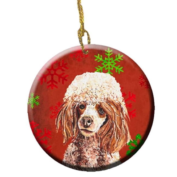 Red Miniature Poodle Red Snowflakes Holiday Ceramic Ornament