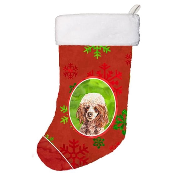 Red Miniature Poodle Red Snowflakes Holiday Christmas Stocking- 11 x 8 In.