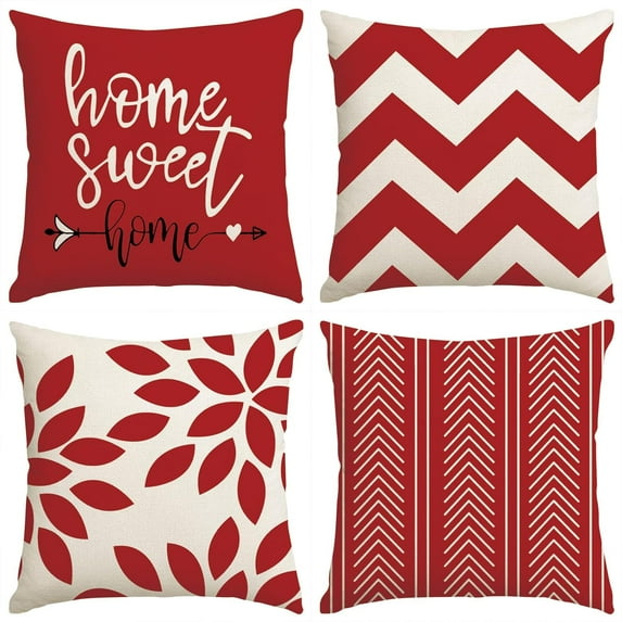 Red Modern Pillow Covers 18x18 Set of 4,Decorative Couch Throw Pillow Cover for Sofa Living Room,Linen Red and Cream Farmhouse Cushion Case Outdoor Home Decoration(Red)