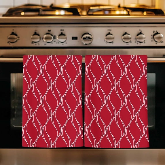 Red Moire Waves Kitchen Towels Set of 1, Modern Abstract Art Geometric Absorbent Dish Towels for Kitchen, Microfiber Hand Towel, Quick Drying Tea Towel for Cleaning Decorative Dishcloths