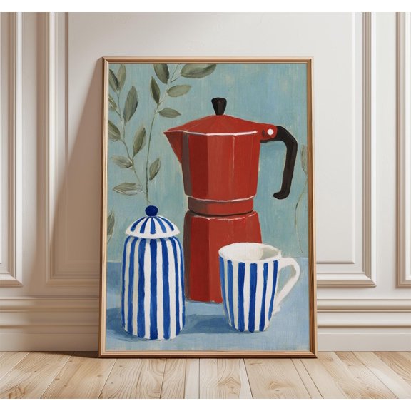 Red Moka Pot Print, Coastal Kitchen Art, Mediterranean Decor, Poster Only