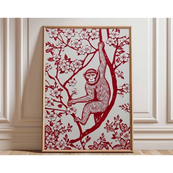 Red Monkey Floral Wall Art Print, Unframed Paper Poster 8x10in